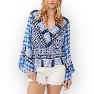FREE PEOPLE Rosalie Wrap Top in Indigo Combo, Small